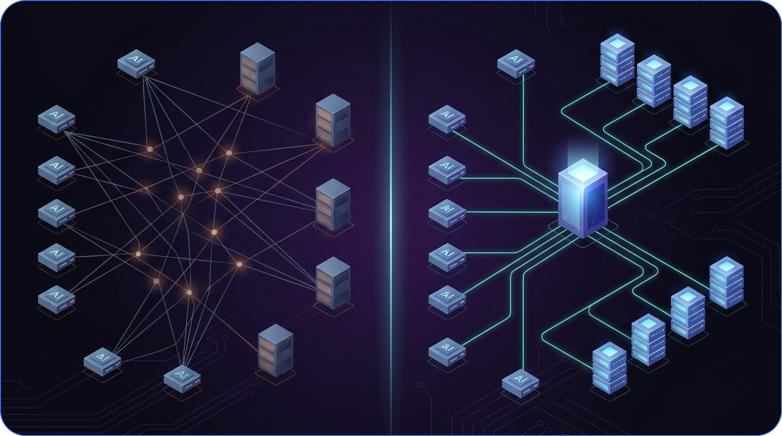 Split isometric diagram comparing ungoverned MCP deployments on the left, showing AI clients in a tangled mesh with multiple servers, versus a centralized MCP gateway architecture on the right with clean hub-and-spoke routing