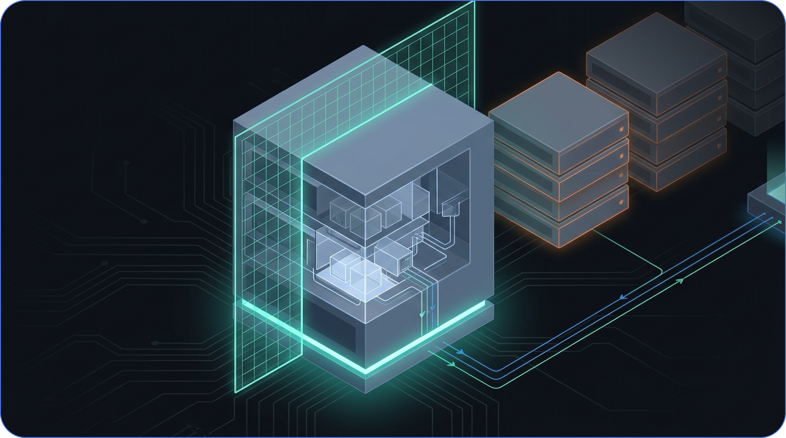 Isometric cutaway diagram of an MCP gateway as a transparent infrastructure cube, with internal routing components connecting to external server stacks via teal circuit pathways
