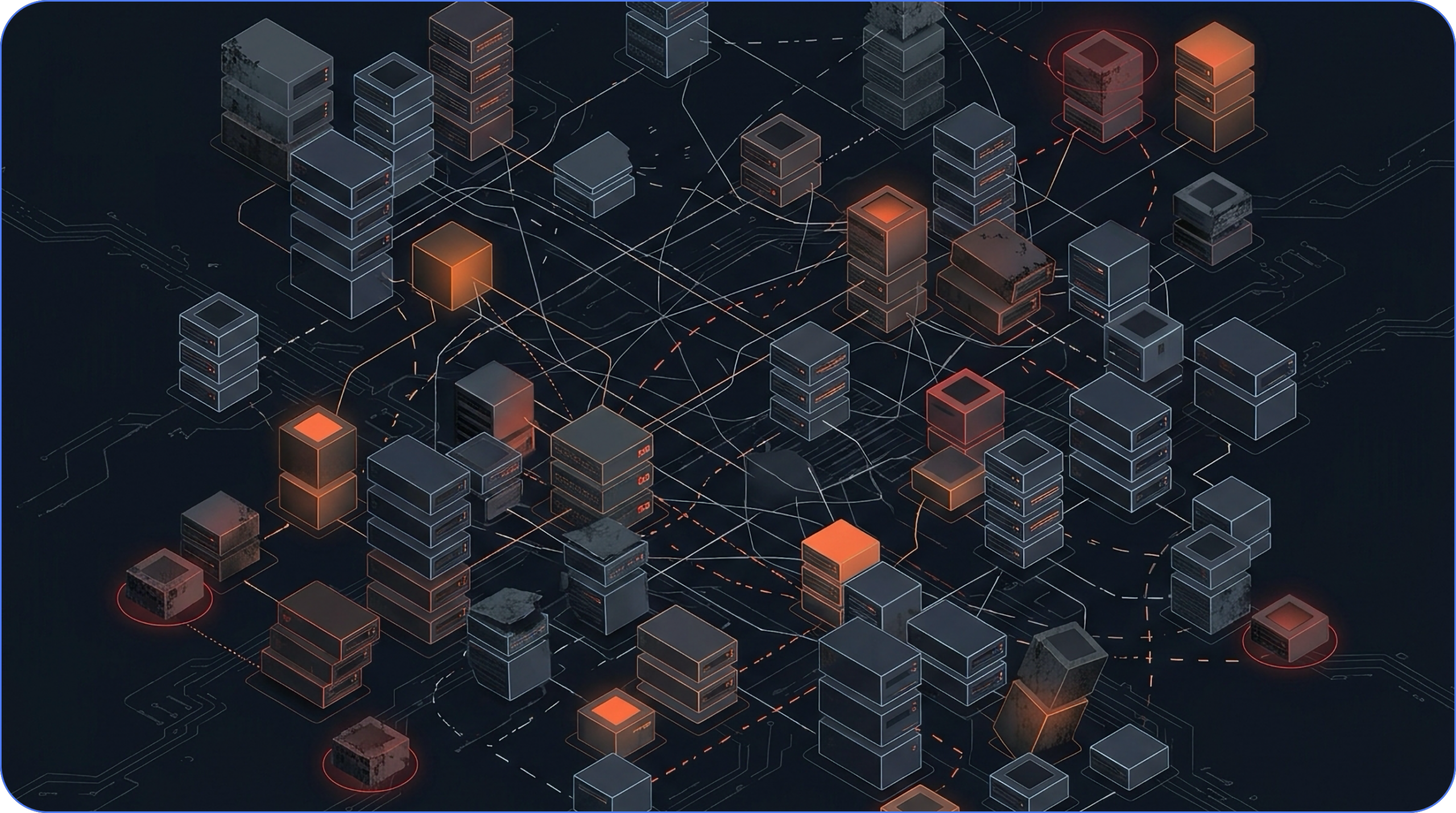 Isometric aerial view of a large field of server nodes in varying states of decay, with orange-highlighted servers indicating active risk and tangled connection lines showing unmanaged MCP infrastructure