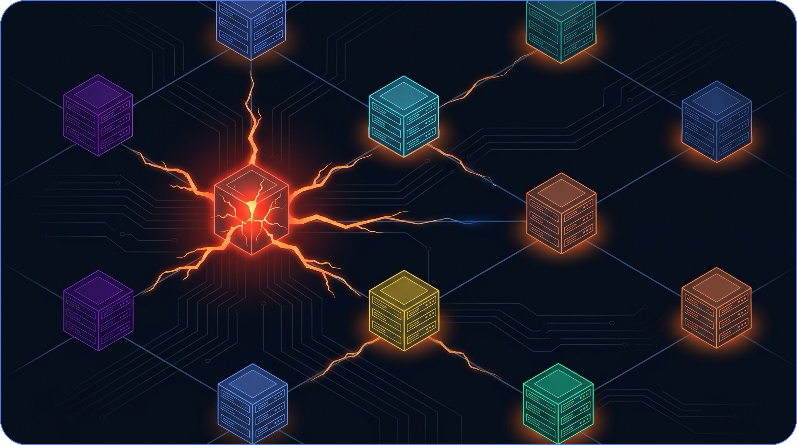 Isometric diagram showing a cracked, glowing red MCP server node with lightning cracks spreading to multiple disconnected servers, representing MCP sprawl and security vulnerabilities